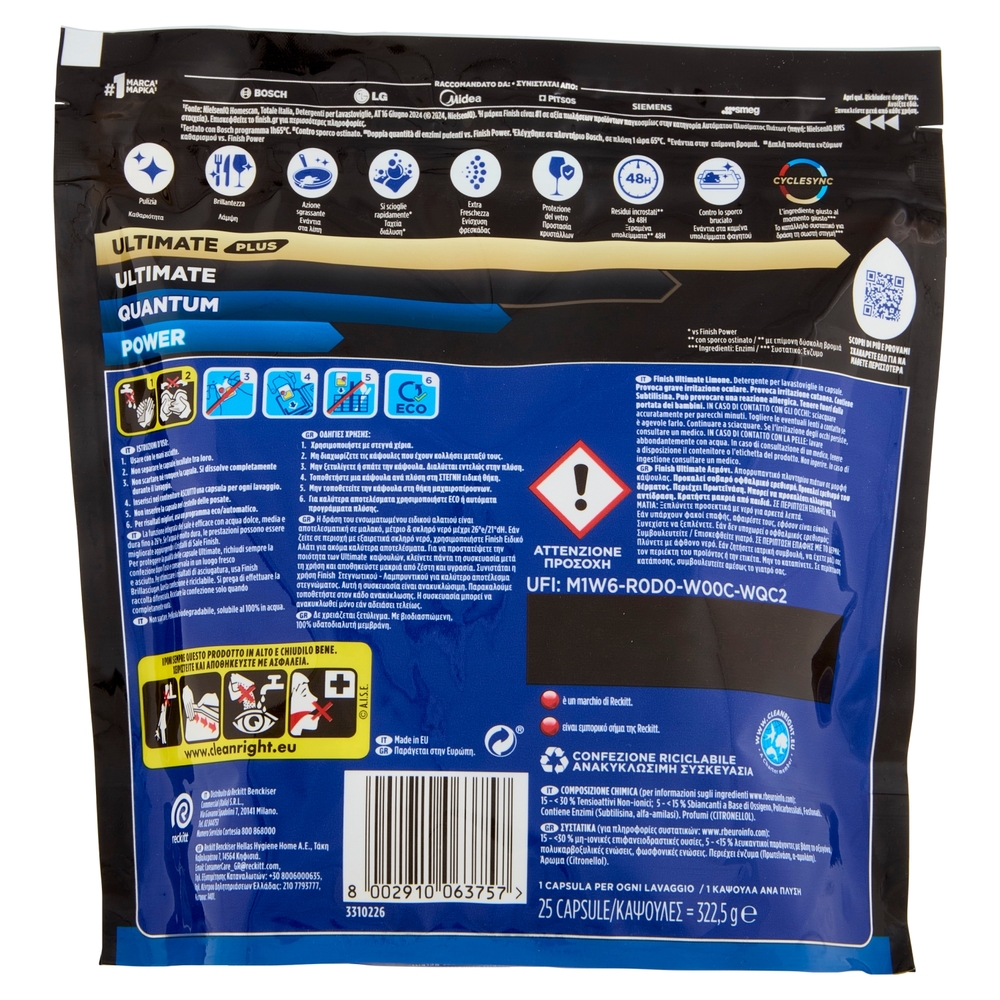 Finish Ultimate All In One Lemon pastiglie lavastoviglie 25 lavaggi 322,5 g